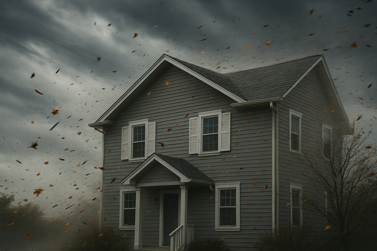 風圧を受けている住宅。記事テーマと合致。